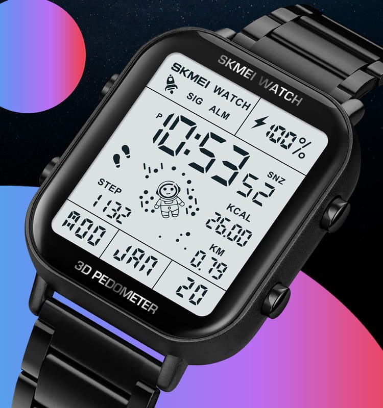 A digital model showing the step, calorie and distance readouts on one screen.