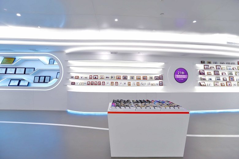 A display counter running the length of the showroom.