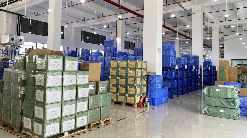 Cartons palletised and staged for despatch.